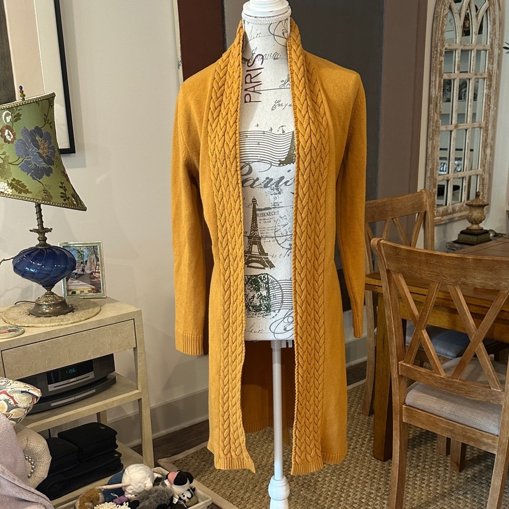 Elegant Mustard Open-Front Cashmere/Merino Wool Sweater Coat